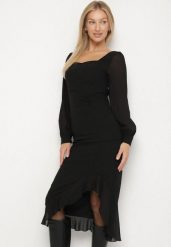 Czarna Taliowana Sukienka VICES z Falbankami i Bufiastymi Rękawami Aruvita. Czarne sukienki damskie Born2be, na imprezę, l, bez wzorów, klasyczne, bez kołnierzyka, bez ramiączek, midi, oversize. Za 139.99 zł.