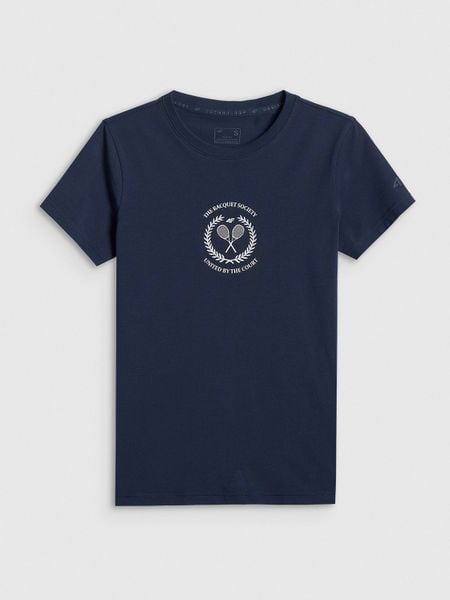 4F T-shirt slim z nadrukiem damski - granatowy S. Niebieskie t-shirty damskie 4f, s, bez wzorów, z bawełny, bez kołnierzyka. Za 59.99 zł.