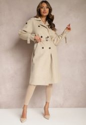 Beżowy Płaszcz o Dwurzędowym Fasonie z Paskiem Nivela. Brązowe płaszcze damskie Renee, m, bez wzorów, z jeansu, eleganckie. Za 239.99 zł.