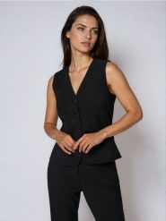 Kamizelka garniturowa z dekoltem V - czarny. Czarne kamizelki damskie Sinsay, l. W wyprzedaży za 24.99 zł.