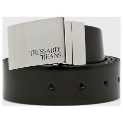 Trussardi Jeans - Pasek skórzany. Czarne paski męskie TRUSSARDI JEANS, bez wzorów, z jeansu. W wyprzedaży za 249.90 zł.