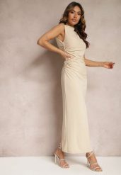 Beżowa Sukienka Bodycon o Dopasowanym Fasonie Bez Rękawów z Drapowaniem Roxelina. Brązowe sukienki damskie Renee, m, bez wzorów, bez kołnierzyka, bez ramiączek, maxi, bodycon. W wyprzedaży za 111.99 zł.