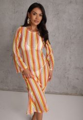 Pomarańczowa Sukienka Dopasowana w Stylu Boho z Plecionego Materiału w Paski Nasehle. Brązowe sukienki damskie Renee, na plażę, bez wzorów, z materiału, boho, bez kołnierzyka, bez ramiączek, maxi, dopasowane. Za 149.99 zł.