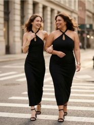 Strukturalna sukienka midi z ozdobnym dekoltem halter - czarny. Czarne sukienki damskie Sinsay, l, bez wzorów, bez kołnierzyka, bez ramiączek, midi. Za 49.99 zł.