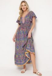 Granatowo-Różowa Sukienka w Stylu Boho z Cienkimi Gumkami w Pasie Ozdobiona Frędzlami Vitessa. Czerwone sukienki damskie Born2be, s, bez wzorów, boho, bez kołnierzyka, bez ramiączek, maxi. W wyprzedaży za 79.99 zł.