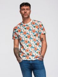 T-shirt męski bawełniany w kwiatowy wzór full print – biały V1 - Rozmiar: XXL. Białe t-shirty męskie Ombre Clothing, na lato, m, bez wzorów, z bawełny, bez kołnierzyka. W wyprzedaży za 29.99 zł.