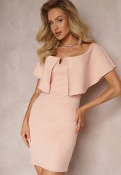 Różowa Dopasowana Sukienka z Szeroką Falbaną Miskli. Czerwone sukienki damskie Renee, l, bez wzorów, eleganckie, bez kołnierzyka, bez ramiączek, mini, dopasowane. W wyprzedaży za 83.99 zł.