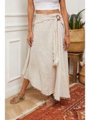 Fleur de Lin Lniana spódnica "Luberon" w kolorze beżowym rozmiar: L. Brązowe spódniczki damskie Fleur de Lin, l, bez wzorów, ze lnu, maxi, asymetryczne. Za 140.53 zł.