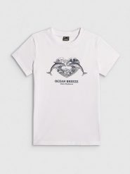 4F T-shirt regular z nadrukiem damski - biały M. Białe t-shirty damskie 4f, m, bez wzorów, z bawełny, bez kołnierzyka. Za 59.99 zł.