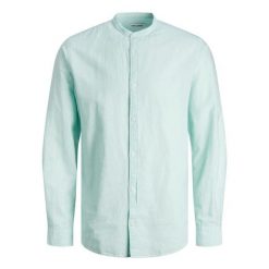 Koszula Jack & Jones Letnia Mieszanka Lnu kojące morze. Niebieskie koszule męskie Jack&Jones, na lato, bez wzorów, bez kołnierzyka, bez ramiączek. Za 169.16 zł.