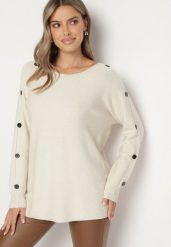 Jasnobeżowy Sweter z Dodatkiem Bawełny i Wiskozy z Guzikami na Rękawach Ciasine. Brązowe swetry klasyczne damskie Born2be, l, z bawełny, bez kołnierzyka, plus size. Za 74.99 zł.