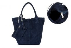 Włoska Torebka Skórzana Zamszowa A4 Shopperka Granatowa T49. Shopper bag damskie bez wzorów, ze skóry, zamszowe, bez dodatków. Za 189.99 zł.