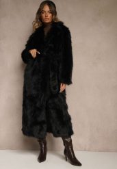 Czarny Płaszcz Futerko z Paskiem Wiązanym w Talii Dinelle. Czarne płaszcze damskie Renee, na zimę, bez wzorów, z futra, eleganckie. Za 389.99 zł.