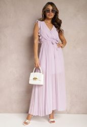 Jasnofioletowa Wiskozowa Sukienka Maxi z Plisowaniem o Rozkloszowanym Kroju i Kopertowym Dekolcie Fliceris. Fioletowe sukienki damskie Renee, l, bez wzorów, z wiskozy, bez kołnierzyka, bez ramiączek, maxi, kopertowe. Za 89.99 zł.