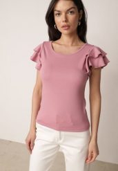Różowa Bawełniana Bluzka o Prostym Kroju z Krótkim Rękawem z Falbanek Himoni. Czerwone bluzki damskie Born2be, l, bez wzorów, z bawełny, biznesowe, bez kołnierzyka, bez ramiączek. Za 49.99 zł.