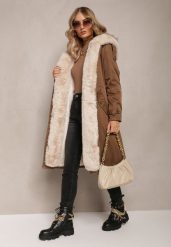 Brązowa Długa Kurtka Parka Nylonowa Płaszcz z Futrzanymi Wstawkami Rinale. Brązowe kurtki damskie Renee, l, bez wzorów, z futra. Za 329.99 zł.