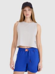 4F Top z nadrukiem damski - szary S. Szare topy damskie 4f, s, bez wzorów, z bawełny, bez kołnierzyka. W wyprzedaży za 29.99 zł.