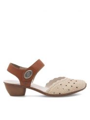 Rieker Sandały 43703-60 Beżowy. Brązowe sandały damskie Rieker, bez wzorów, ze skóry, bez obcasa, na słupku. Za 279.99 zł.