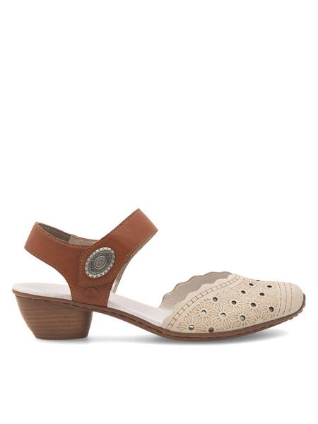 Rieker Sandały 43703-60 Beżowy. Brązowe sandały damskie Rieker, bez wzorów, ze skóry, bez obcasa, na słupku. Za 279.99 zł.