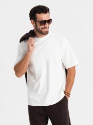 Męski bawełniany t-shirt LOOSE FIT z okrągłym dekoltem – kremowy V2 OM-TSBC-0234 - XXL. Białe t-shirty męskie Ombre Clothing, l, bez wzorów, z bawełny, bez kołnierzyka. Za 77.99 zł.