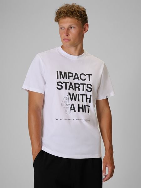 4F T-shirt regular z nadrukiem męski - biały M. Białe t-shirty męskie 4f, m, bez wzorów, z bawełny, bez kołnierzyka. Za 69.99 zł.