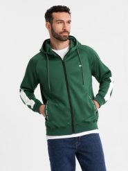 Rozpinana męska bluza z kapturem i lampasami - ciemnozielona V7 - Rozmiar: L. Zielone bluzy sportowe męskie Ombre Clothing, z aplikacjami, z dzianiny, retro, bez kołnierzyka, bez ramiączek. W wyprzedaży za 194.99 zł.