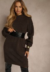 Brązowa Dzianinowa Sukienka z Dodatkiem Wełny o Pudełkowym Kroju Nesava. Brązowe sukienki damskie Renee, na co dzień, bez wzorów, z dzianiny, bez kołnierzyka, bez ramiączek, midi, proste. Za 139.99 zł.