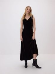 Welurowa sukienka - ciemnobrązowy. Brązowe sukienki damskie Reserved, l, bez wzorów, z dzianiny, bez kołnierzyka, bez ramiączek, rozkloszowane. Za 199.99 zł.