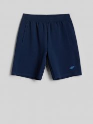 4F Spodenki dresowe męskie - grantowe S. Niebieskie szorty męskie 4f, z dresówki, bez kołnierzyka. Za 129.99 zł.