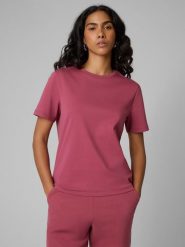 4F T-shirt regular gładki damski - burgundowy XS. Czerwone t-shirty damskie 4f, xs, bez wzorów, z materiału, bez kołnierzyka. Za 79.99 zł.