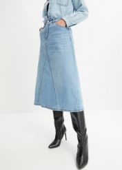 Spódnica dżinsowa ze stretchem, High Waist. Niebieskie spódniczki damskie bonprix, bez wzorów, z podwyższonym stanem. Za 119.99 zł.