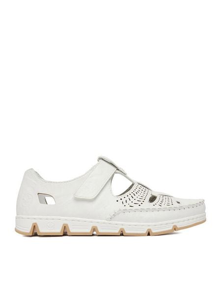 Rieker Półbuty CEO-49958-81 Biały. Białe półbuty damskie Rieker, bez wzorów, ze skóry, bez obcasa, na płaskiej podeszwie. Za 379.99 zł.