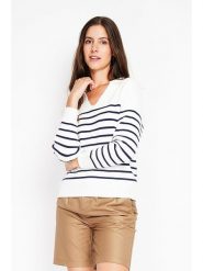 William de Faye Sweter w kolorze biało-granatowym rozmiar: 34. Białe swetry klasyczne damskie William De Faye, bez kołnierzyka. Za 95.99 zł.