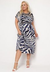 Beżowo-Granatowa Pudełkowa Sukienka Midi z Materiałowym Paskiem w Animal Print Ovita. Brązowe sukienki damskie Born2be, xl, bez wzorów, z materiału, bez kołnierzyka, bez ramiączek, maxi. W wyprzedaży za 95.99 zł.