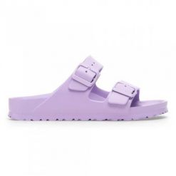 Klapki damskie Birkenstock Arizona Eva. Fioletowe klapki damskie Birkenstock, bez wzorów, z materiału, bez obcasa. Za 344.00 zł.
