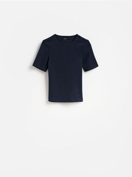 T-shirt z bawełną - granatowy. Niebieskie t-shirty damskie Reserved, l, bez wzorów, z bawełny, bez kołnierzyka. Za 59.99 zł.