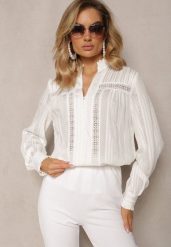 Biała Oversizowa Koszula Ozdobiona Ażurową Koronką Miaraha. Białe koszule damskie Renee, na lato, l, w ażurowe wzory, z jeansu, eleganckie, bez kołnierzyka, bez ramiączek. Za 89.99 zł.