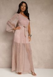 Różowa Asymetryczna Sukienka z Metalicznymi Przeszyciami i Wiązanym Paskiem Arhellia. Czerwone sukienki damskie Renee, bez wzorów, klasyczne, z asymetrycznym kołnierzem, bez ramiączek, maxi, asymetryczne. Za 189.99 zł.