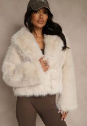 Beżowa Kurtka Futerko Ozdobione Kołnierzem Wedarea. Brązowe kurtki damskie Renee, s, z aplikacjami, z futra, bez kaptura. Za 219.99 zł.