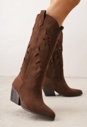 Brązowe Kozaki Kowbojki na Stożkowym Obcasie z Ażurową Cholewką Tidanna. Brązowe kozaki damskie Born2be, z jeansu, bez obcasa, na obcasie. Za 139.99 zł.