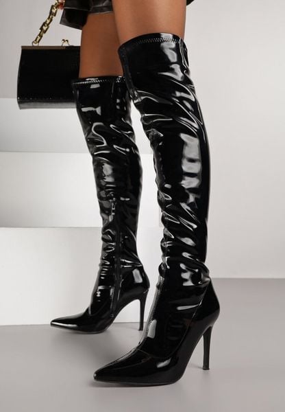 Czarne Marszczone Lakierowane Kozaki Vices na Szpilce z Noskiem w Szpic Caldissa. Czarne kozaki damskie Born2be, z jeansu, bez obcasa, na obcasie. Za 109.99 zł.