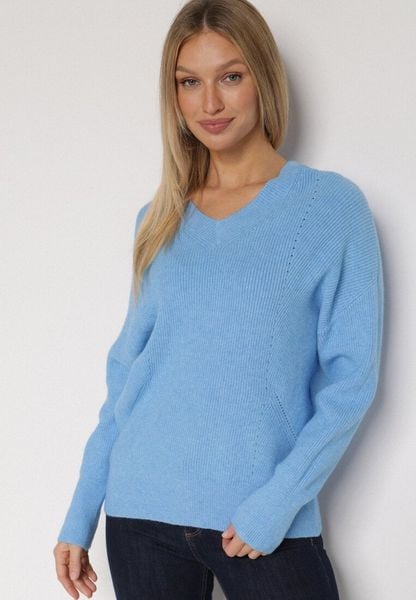 Niebieski Sweter z Domieszką Kaszmiru z Dekoltem w Serek Feralaine. Niebieskie swetry klasyczne damskie Born2be, z jeansu, bez kołnierzyka. Za 104.99 zł.