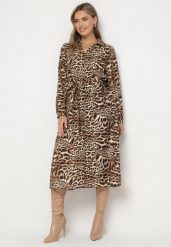 Brązowa Sukienka z Wiskozą o Koszulowym Kroju z Wiązanym Paskiem w Panterkę Raivenne. Brązowe sukienki damskie Born2be, l, bez wzorów, z wiskozy, eleganckie, bez kołnierzyka, bez ramiączek, midi, koszulowe. W wyprzedaży za 119.99 zł.