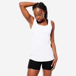 Koszulka bez rękawów damska Domyos Gym & Pilates 100 regular. Białe topy sportowe damskie DOMYOS, l, bez wzorów, z bawełny, bez ramiączek. Za 19.99 zł.