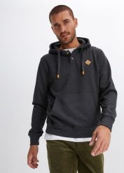 Bluza z kapturem z detalami z imitacji skóry z miękko szorstkowaną stroną wewnętrzną. Czarne bluzy sportowe męskie bonprix, bez wzorów, ze skóry, sportowe, bez kołnierzyka, bez ramiączek. Za 124.99 zł.