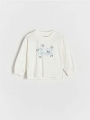 Koszulka z nadrukiem - złamana biel. Koszulki dziewczęce Reserved, m, bez wzorów, z bawełny, bez ramiączek. W wyprzedaży za 17.99 zł.