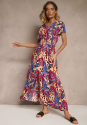 Różowa Sukienka z Bawełny w Abstrakcyjny Wzór Emisienna. Czerwone sukienki damskie Renee, na imprezę, na lato, l, bez wzorów, z bawełny, eleganckie, bez kołnierzyka, bez ramiączek, maxi. W wyprzedaży za 52.49 zł.
