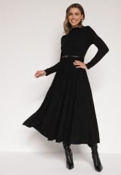 Czarna Rozkloszowana Sukienka z Dzianiny z Wiskozą z Długim Rękawem i Paskiem Tusmina. Czarne sukienki damskie Born2be, na co dzień, m, bez wzorów, z dzianiny, eleganckie, bez kołnierzyka, bez ramiączek, rozkloszowane. Za 169.99 zł.