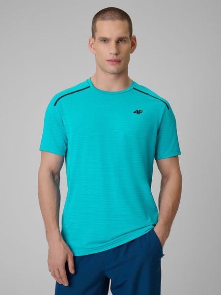 4F Koszulka treningowa regular szybkoschnąca męska - turkusowa XL. Niebieskie t-shirty sportowe męskie 4f, m, z materiału, bez ramiączek, na fitness i siłownię. Za 129.99 zł.