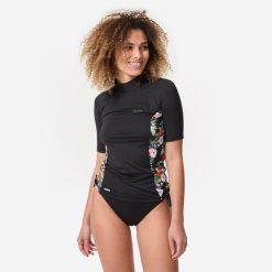 Top UV surfingowy damski Decathlon 500 Parrot krótki rękaw. Czarne topy damskie Decathlon, m, bez wzorów, z elastanu, bez kołnierzyka. Za 59.99 zł.